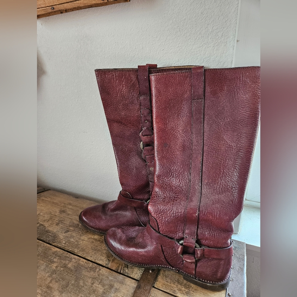 Frye tall, riding burgundy harness boots size 6